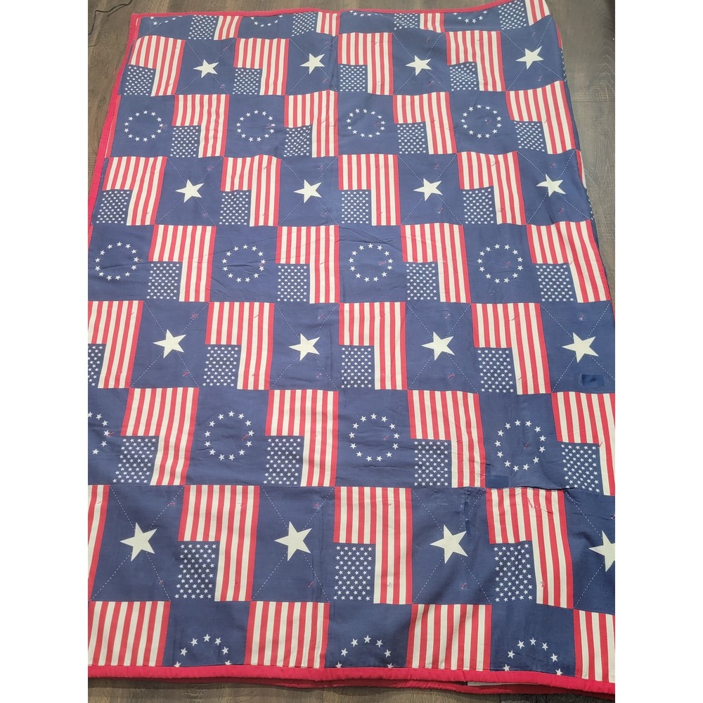 Vintage Guess Denim Patchwork Quilt American‎ Flag Reversible Americana 70x100